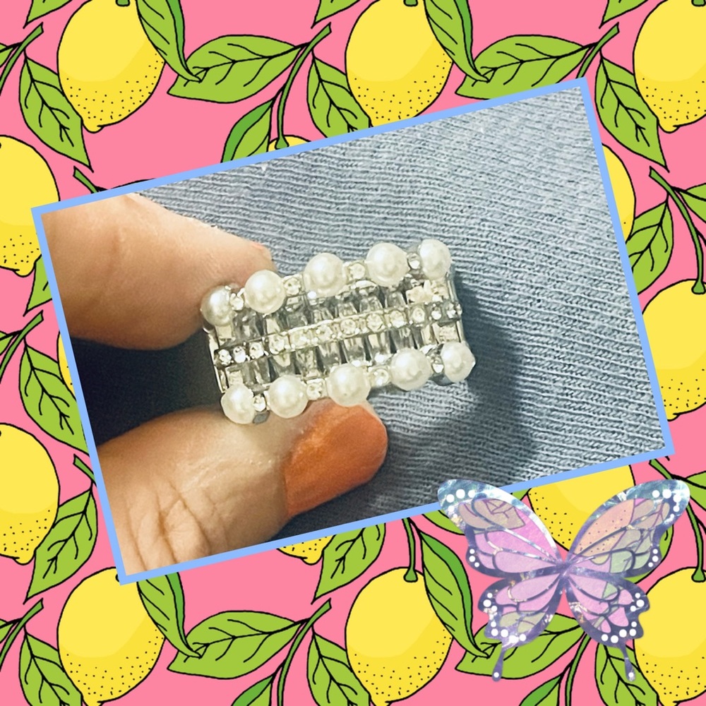 Silver, clear CZ, and faux pearl ring